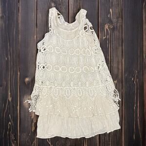 Indigo Soul Women’s M Boho Crochet Fringe Ruffle Tunic Tank Top Cream